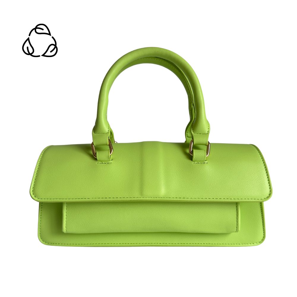 A small lime vegan leather rectangle shaped top handle bag.