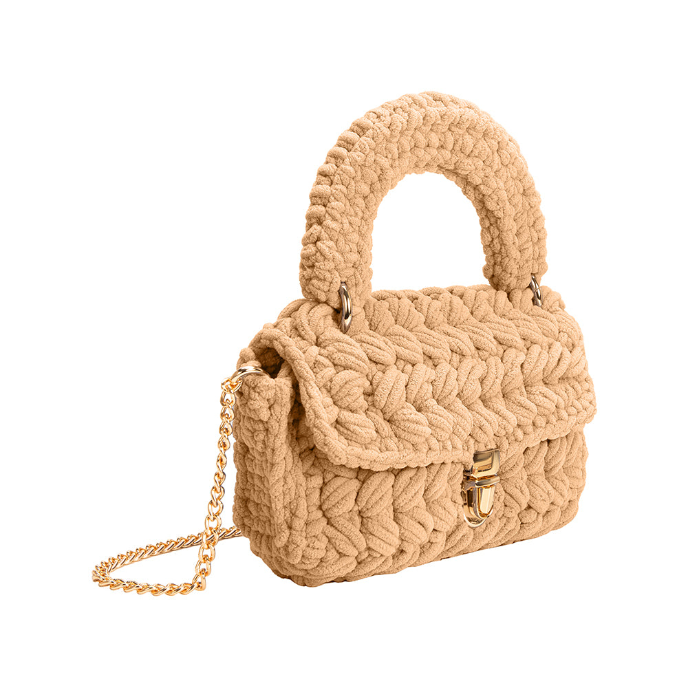 A Buscuit Knitted Crossbody handbag with a gold clasp.