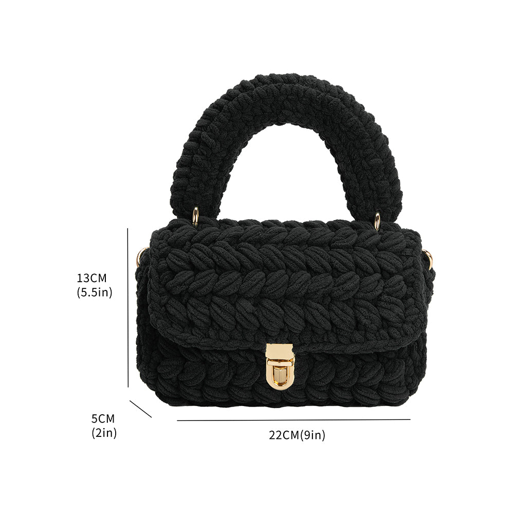 A black knitted handbag with measurements. 