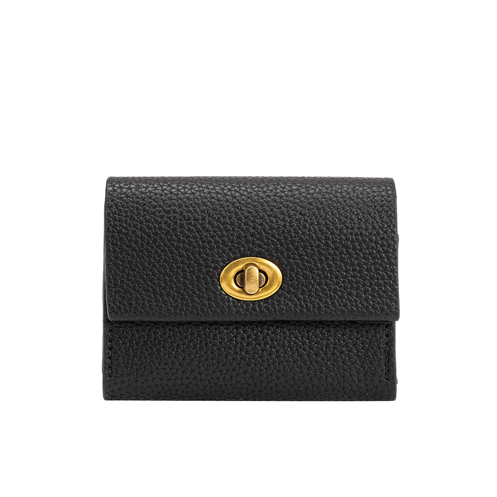 A small black pebble vegan leather card case wallet with a gold clasp.