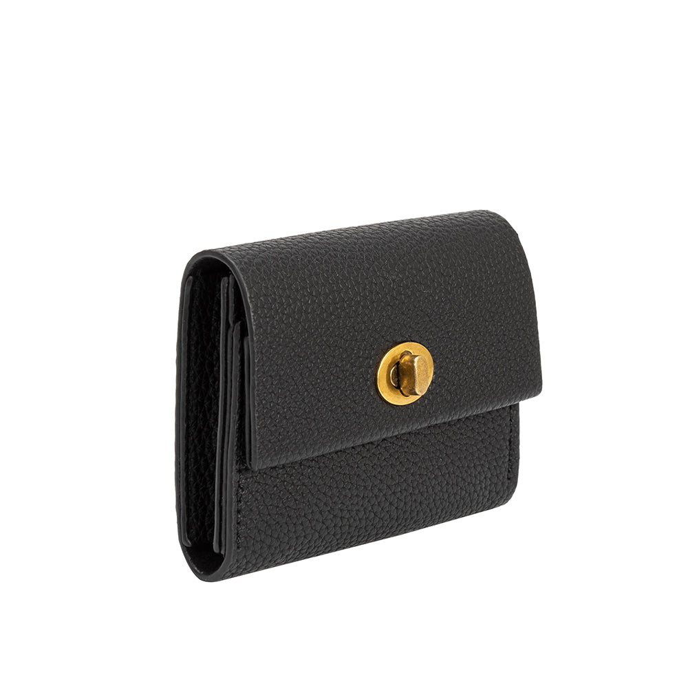 A small black pebble vegan leather card case wallet with a gold clasp.