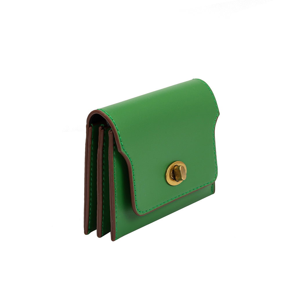 A small green card case vegan leather wallet with a gold clasp. 