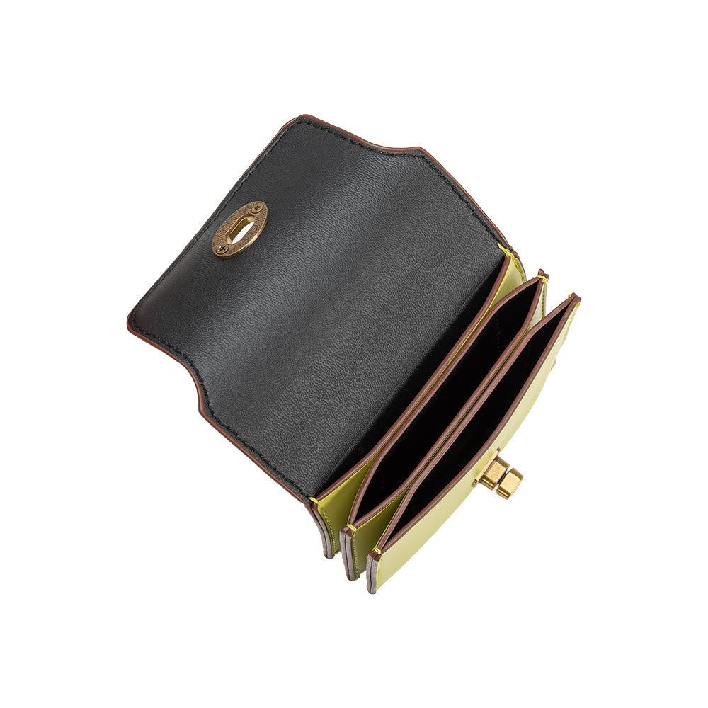 A small ivory vegan leather card case wallet with a gold clasp. 