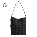 A large black woven nylon large tote bag.