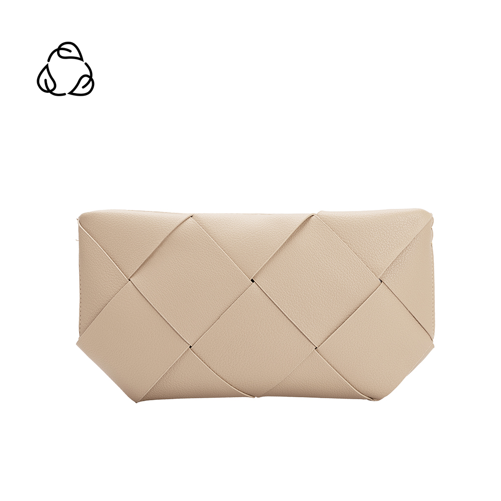 A small bone woven vegan leather clutch with a crossbody strap.