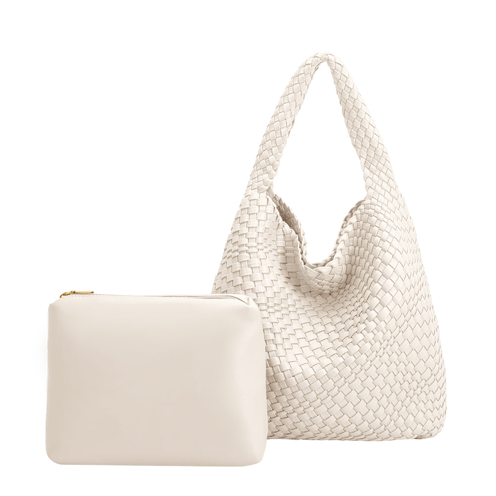 A large off white woven vegan leather shoulder bag with a zip pouch inside