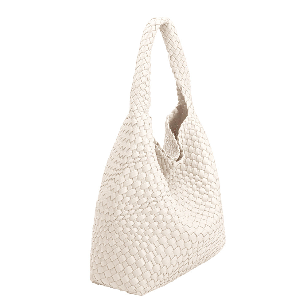 A large off white woven vegan leather shoulder bag with a zip pouch inside