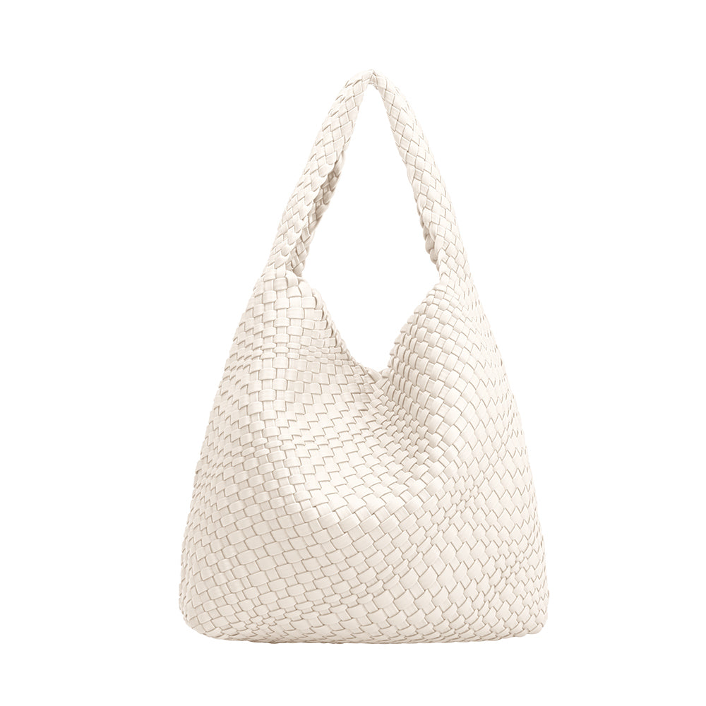 A large off white woven vegan leather shoulder bag with a zip pouch inside
