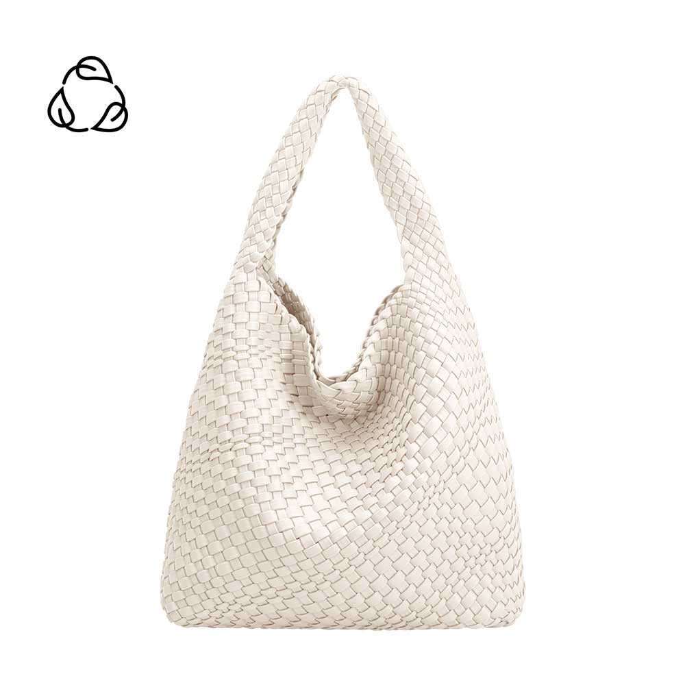 A large off white woven vegan leather shoulder bag with a zip pouch inside