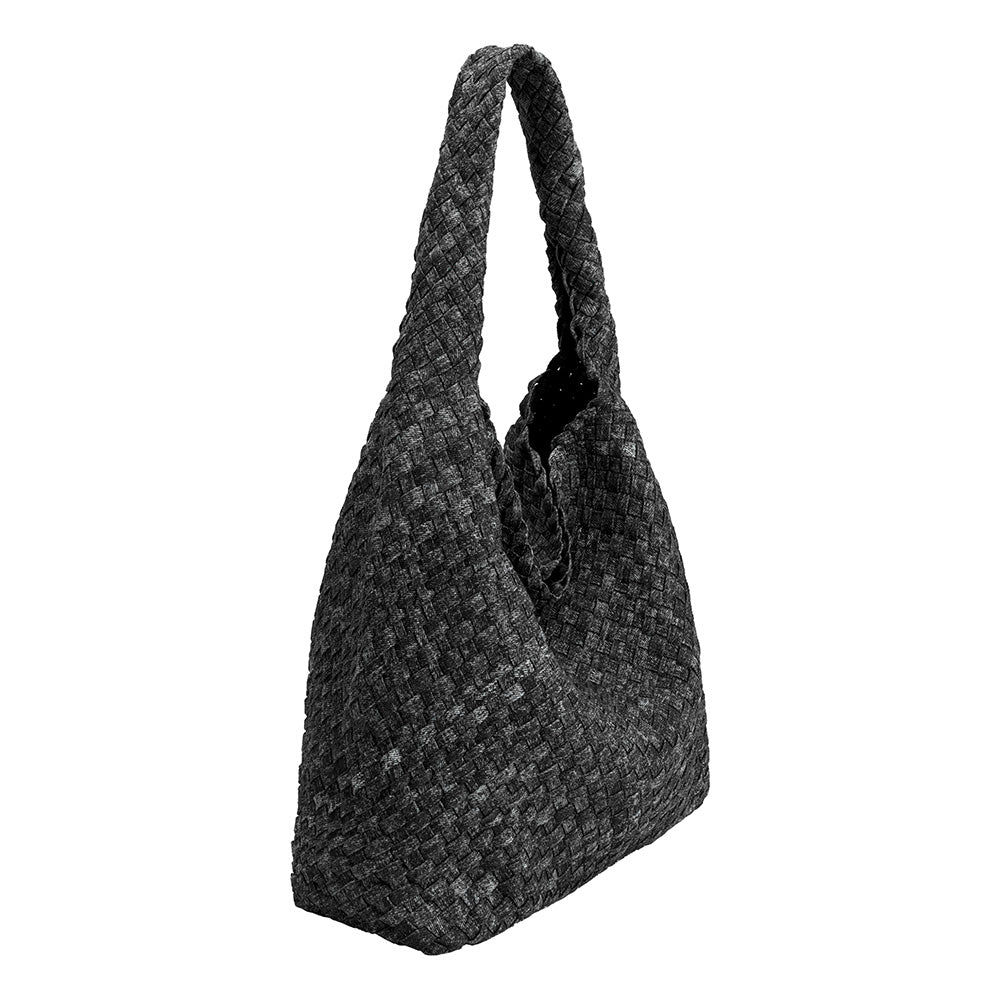 A large black denim woven tote bag with a zip pouch inside.
