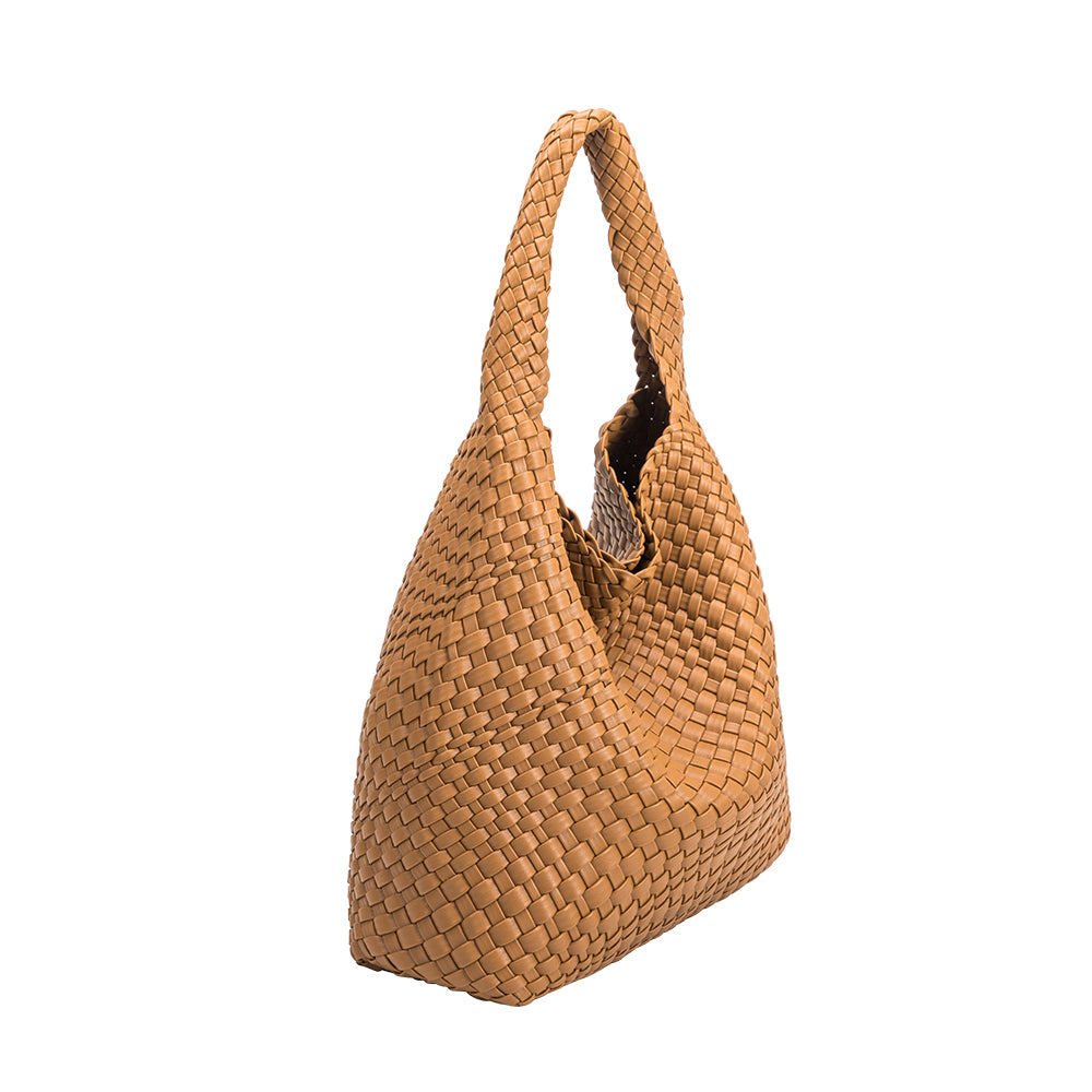 A large caramel woven vegan leather shoulder bag.