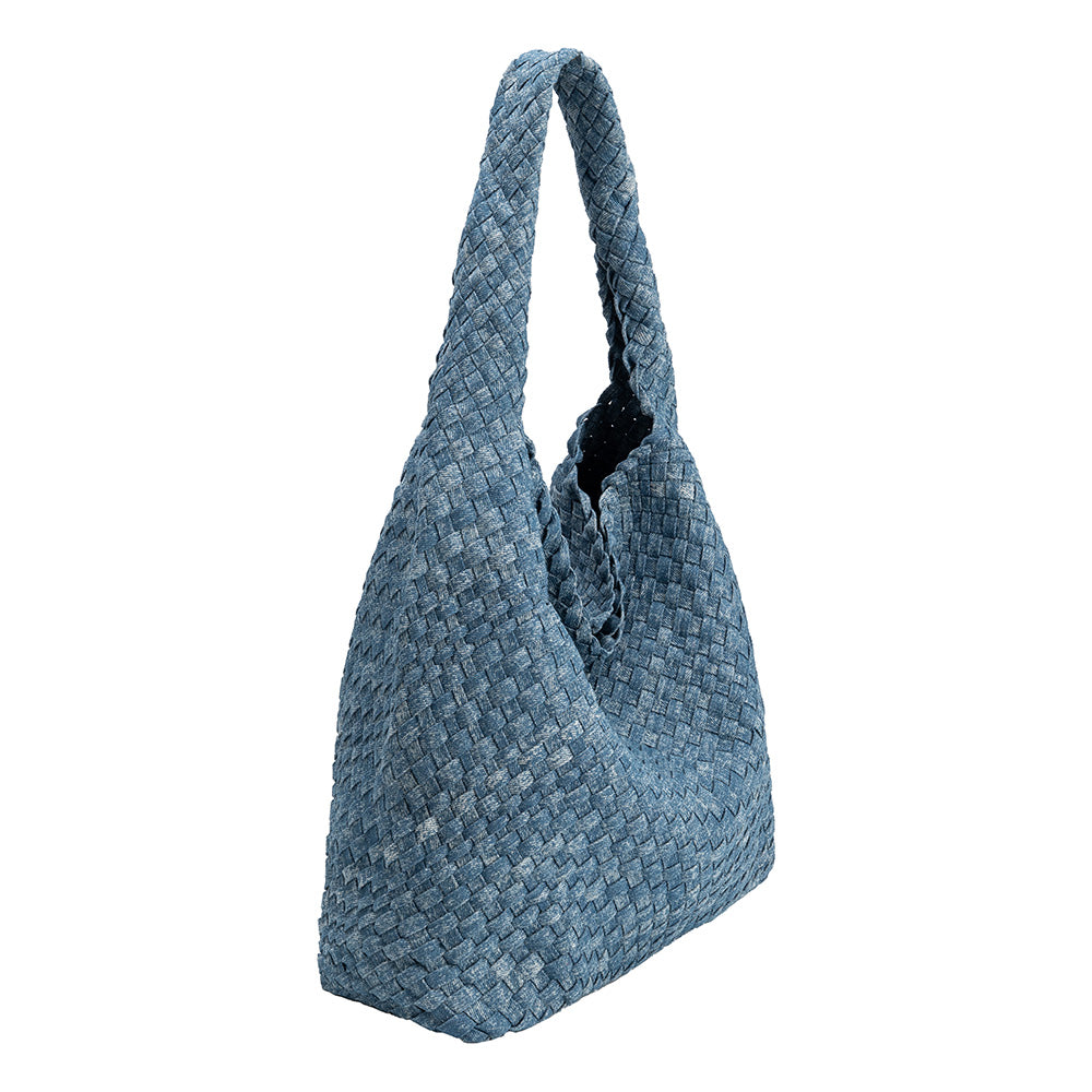 a large denim woven shoulder bag with a zip pouch inside