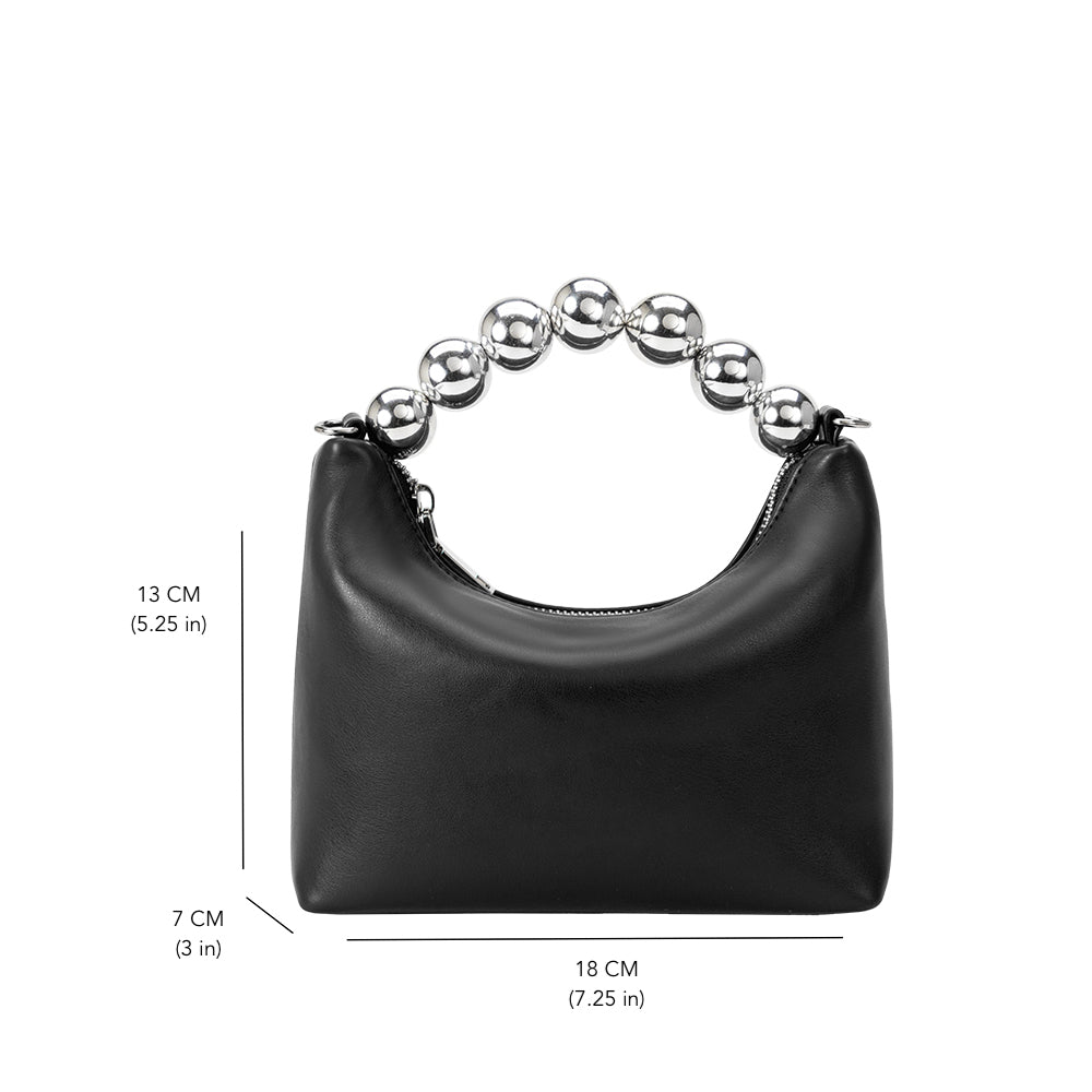 A measurement reference image for a small recycled vegan leather crossbody bag with a silver beaded handle. 