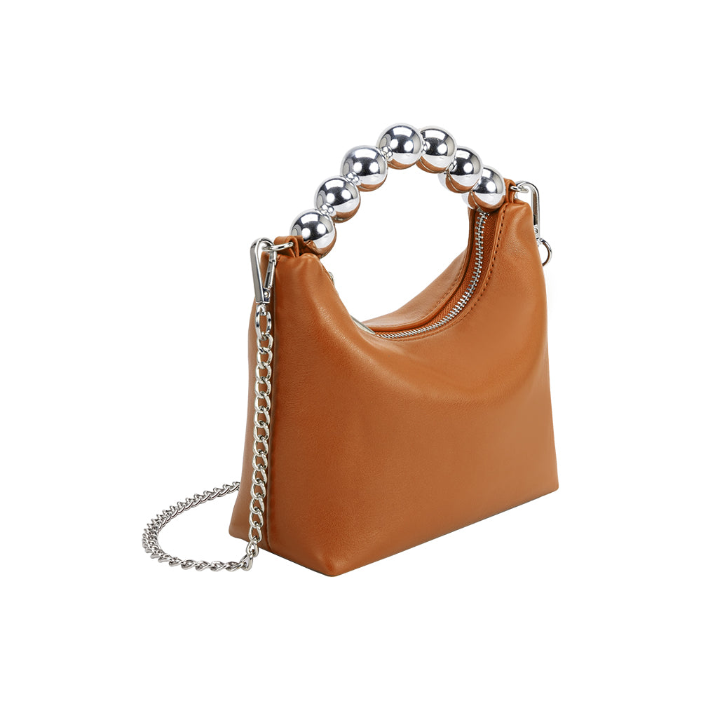A small tan recycled vegan leather crossbody bag with a silver beaded bag. 