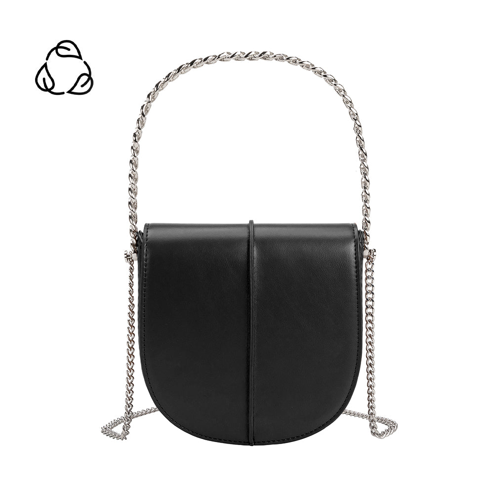 A black vegan leather crossbody bag with silver handle. 