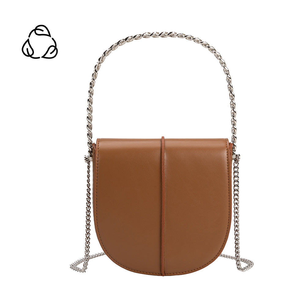 A tan vegan leather crossbody handbag with silver handle.