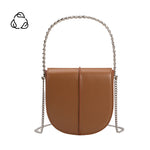 A tan vegan leather crossbody handbag with silver handle.