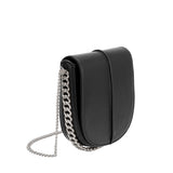 A black vegan leather crossbody handbag with silver handle.