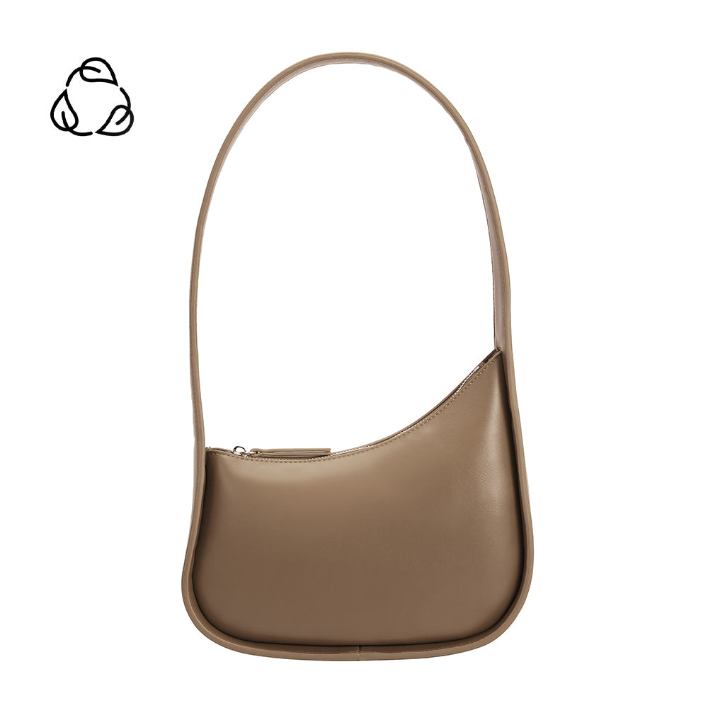 A taupe asymmetrical vegan leather structured shoulder bag.