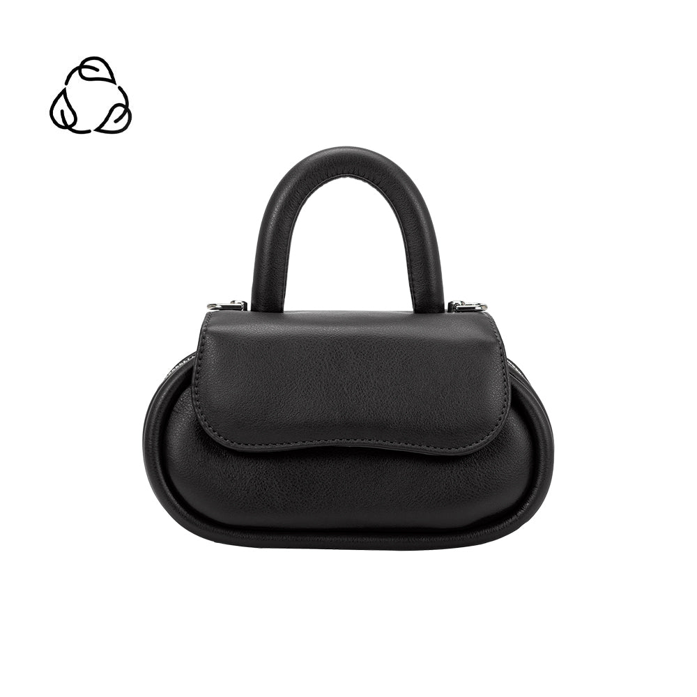 A black oval shaped bag with a curved handle crossbody handbag. 