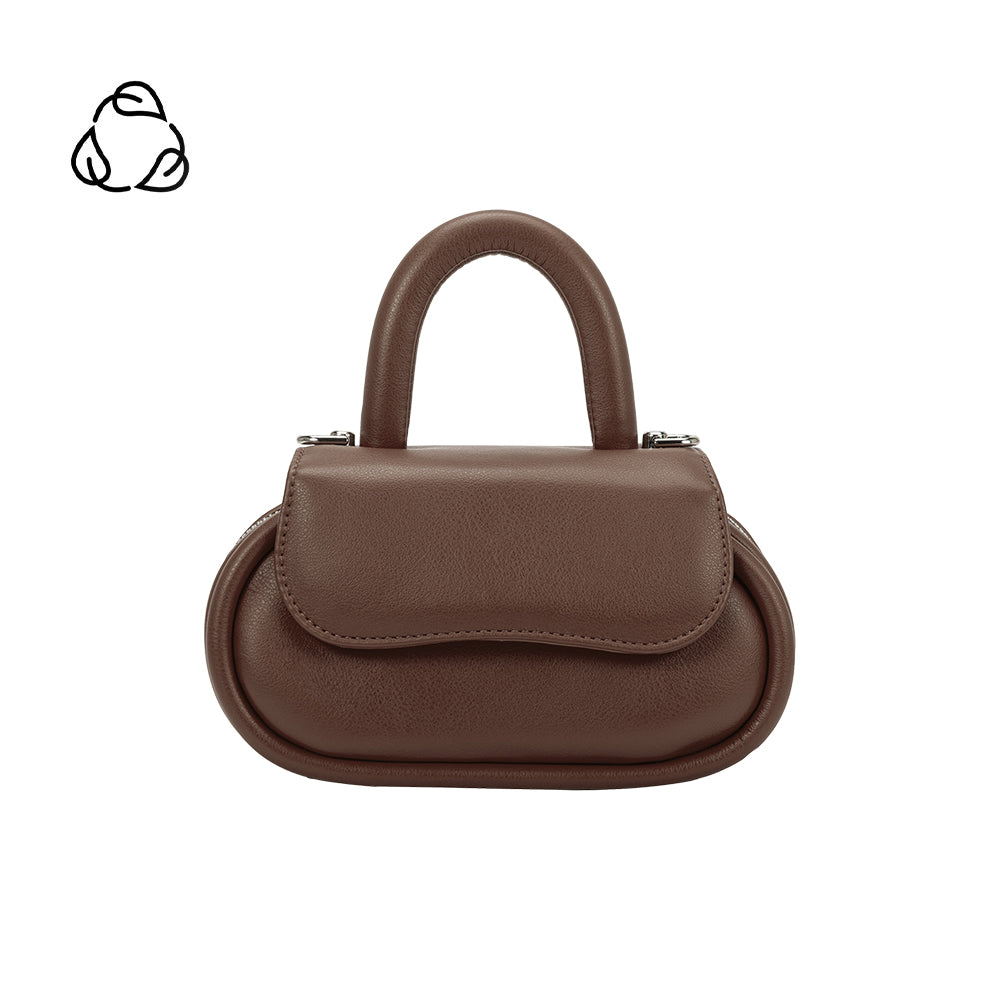 A chocolate oval shaped bag with a curved handle crossbody handbag.