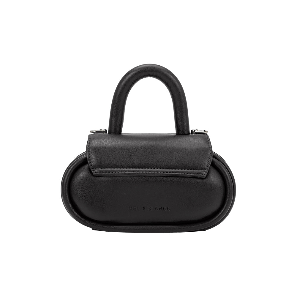 A black oval shaped bag with a curved top handle crossbody handbag. 