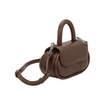 A chocolate oval shaped bag with a curved handle crossbody handbag