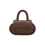 A chocolate oval shaped bag with a curved handle crossbody handbag. 