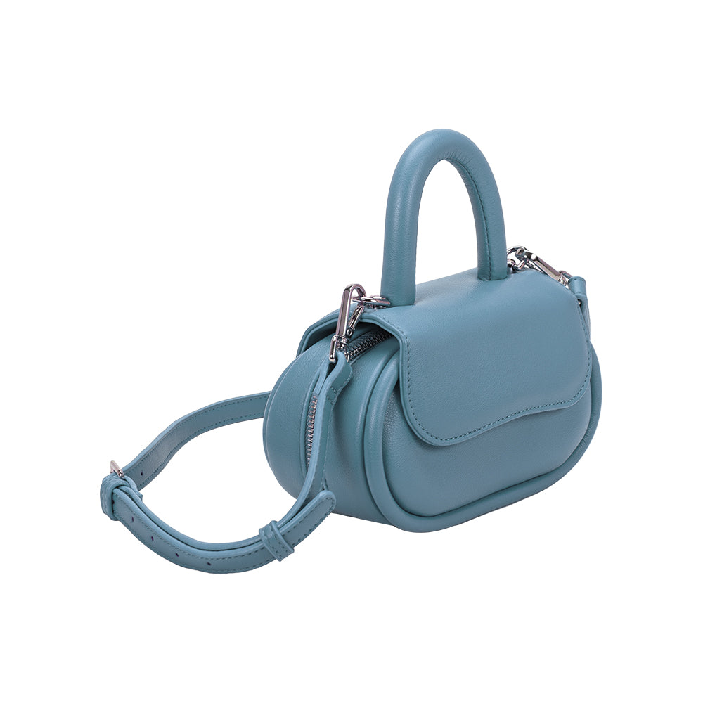 A sky oval shaped bag with a curved handle crossbody handbag. 