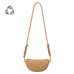 A small nude crescent shape recycled vegan leather crossbody bag with a braided strap. 
