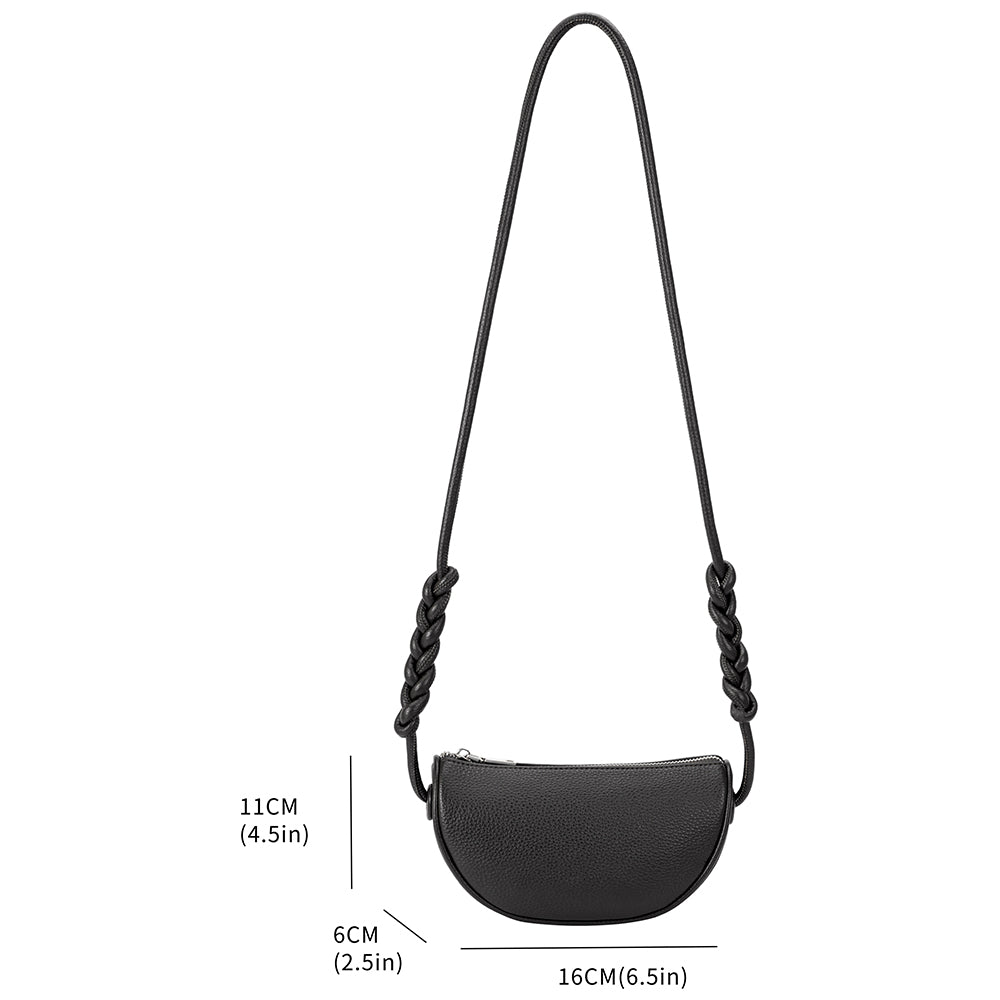 A measurement reference image for a small crescent shape vegan leather crossbody bag with a braided strap. 