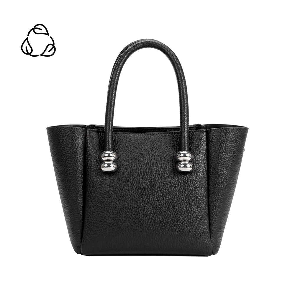 A black recycled vegan leather top handle bag with silver bubble hardware. 