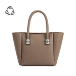 A taupe recyced vegan leather top handle bag with silver bubble hardware. 