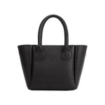A black recycled vegan leather top handle bag with silver bubble hardware. 