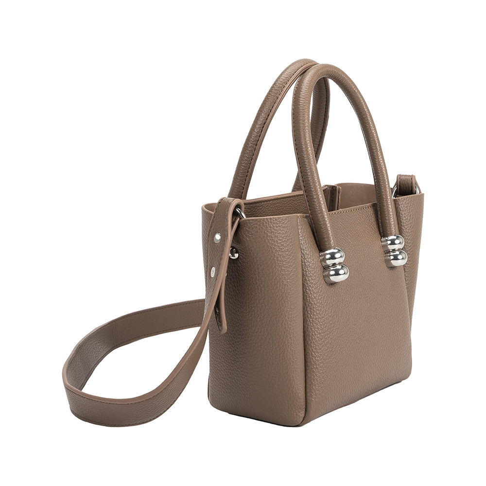 A taupe recycled vegan leather top handle bag with silver bubble hardware. 