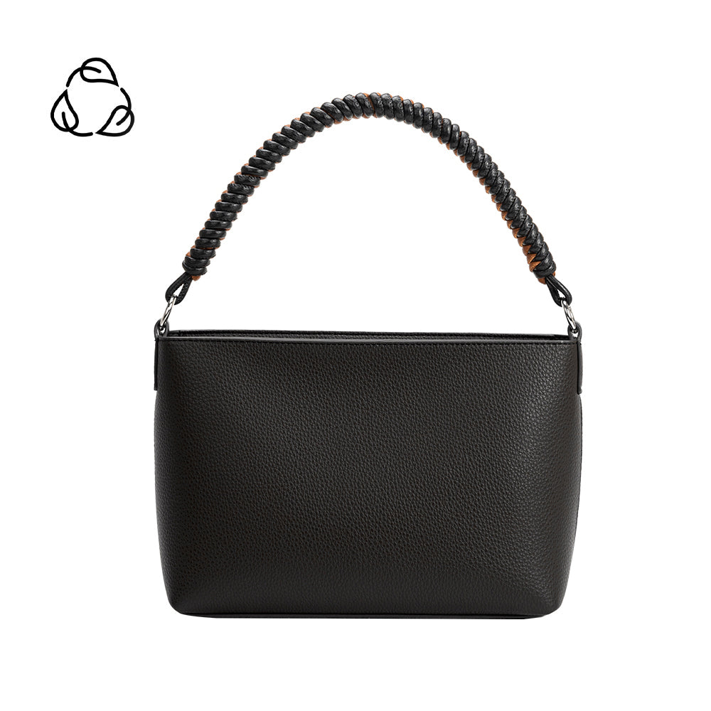 A small black recycled vegan leather crossbody bag with a woven strap. 