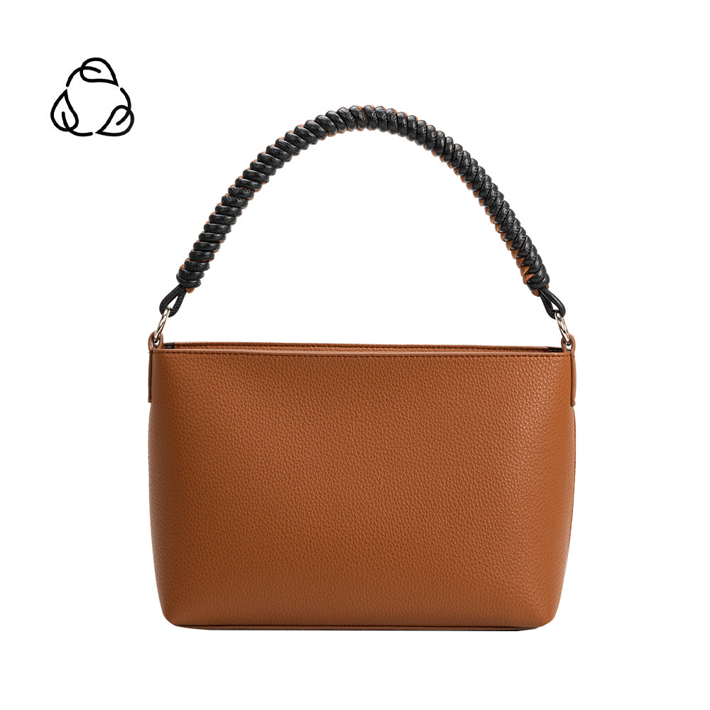 A saddle small recycled vegan leather crossbody handbag with a woven strap. 