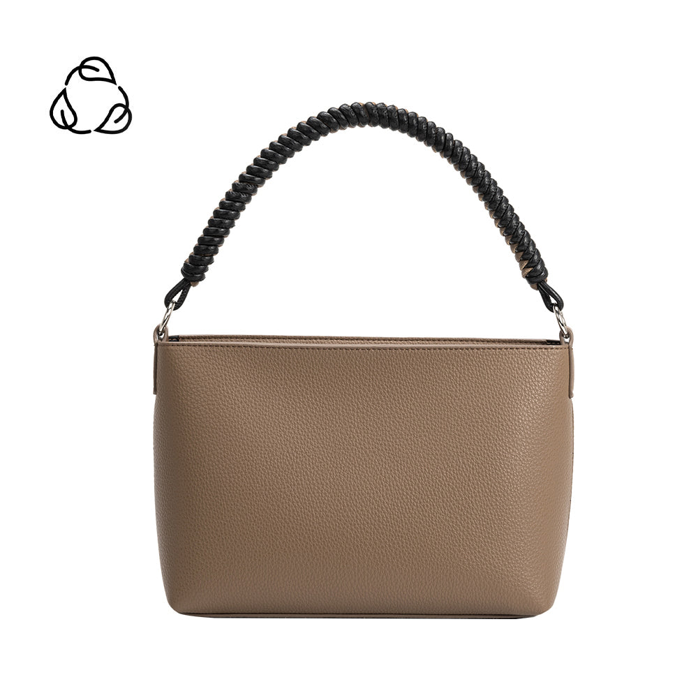 A taupe small recycled vegan leather crossbody handbag with a woven handle. 