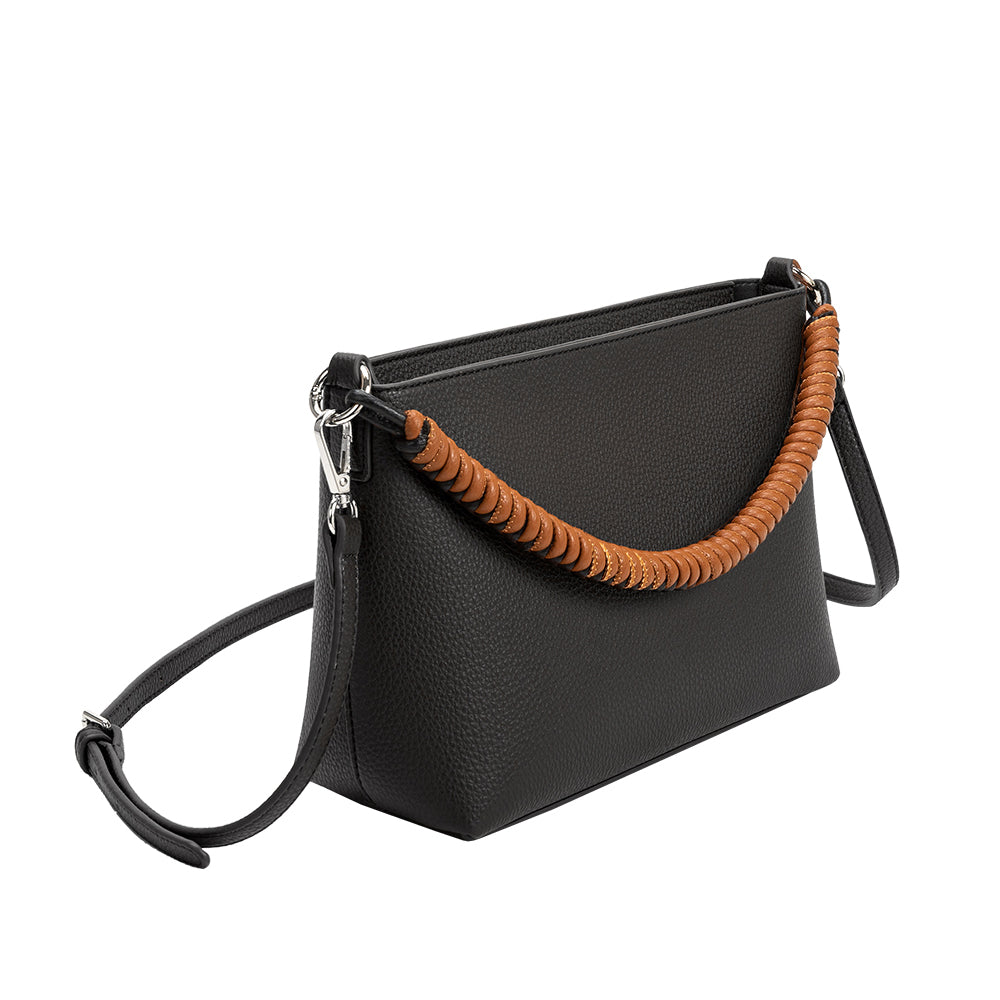 A small black recycled vegan leather crossbody bag with a woven strap. 