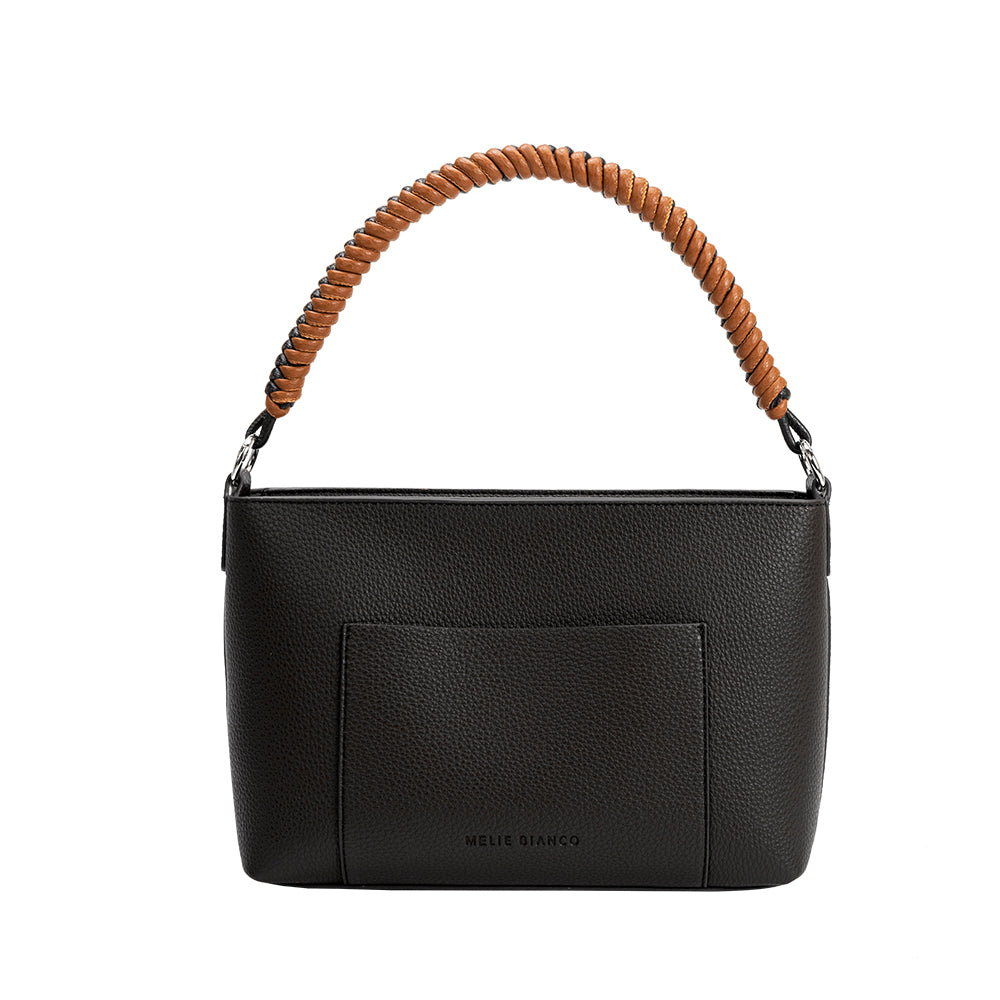 A small black recycled vegan leather crossbody bag with a woven strap.
