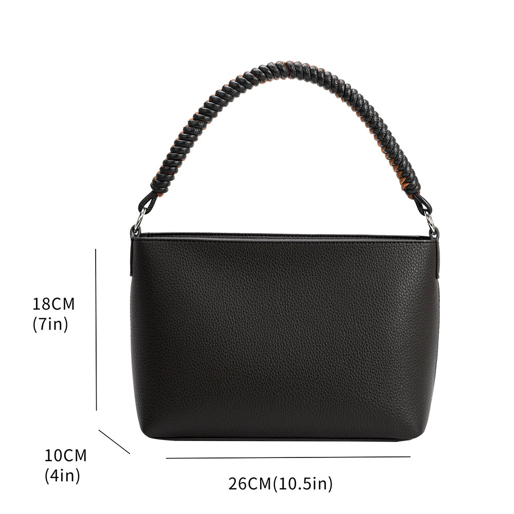 A measurement reference photo for A small black recycled vegan leather crossbody bag with a woven handle. 