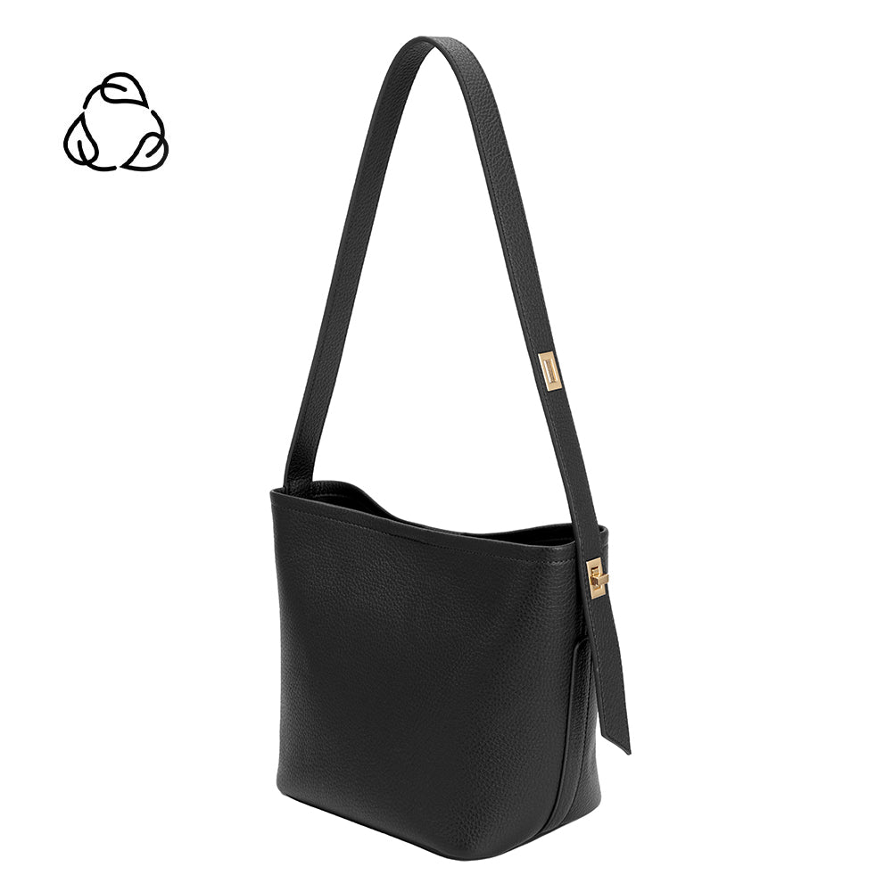 A black vegan leather shoulder bag with adjustable strap.