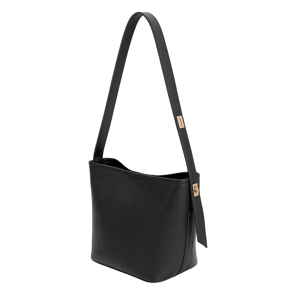 A black recycled vegan leather shoulder bag with an adjustable strap. 