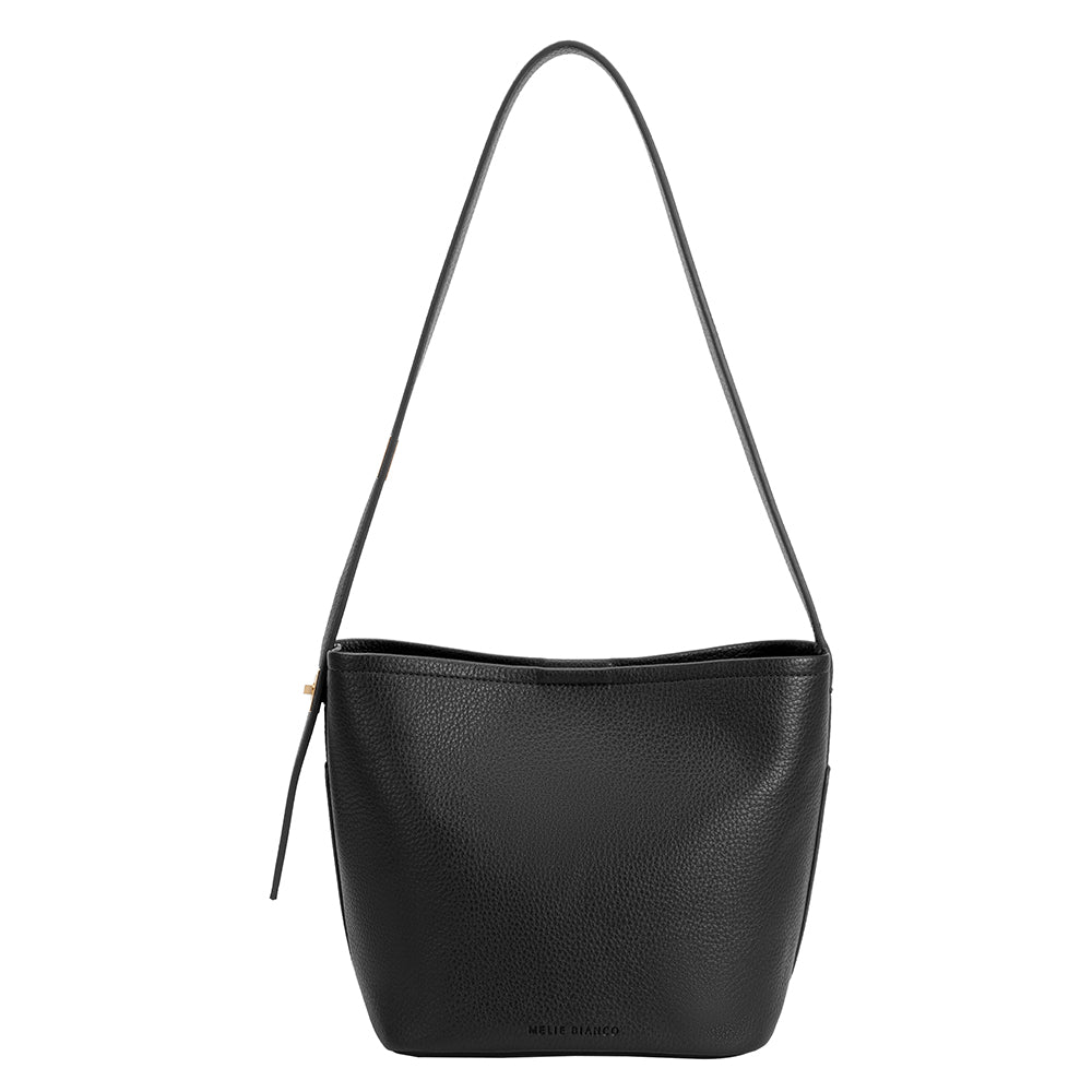 A black recycled vegan leather shoulder bag with adjustable strap.