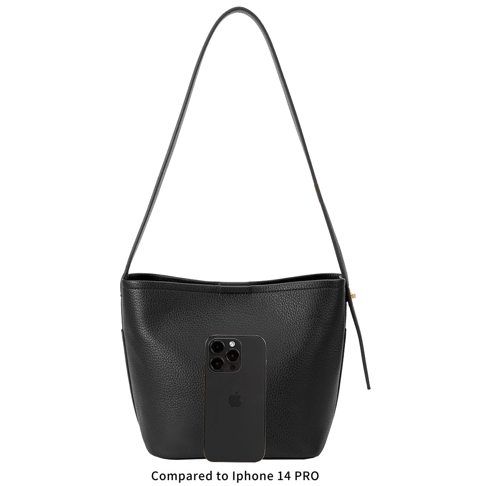 An Iphone 14 pro size comparison image for a black recycled vegan leather shoulder bag with adjustable strap.