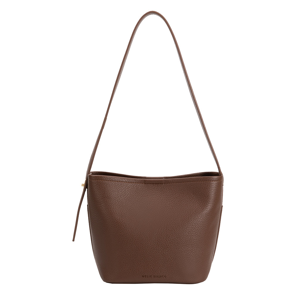An espresso recycled vegan leather shoulder bag with adjustable strap. 