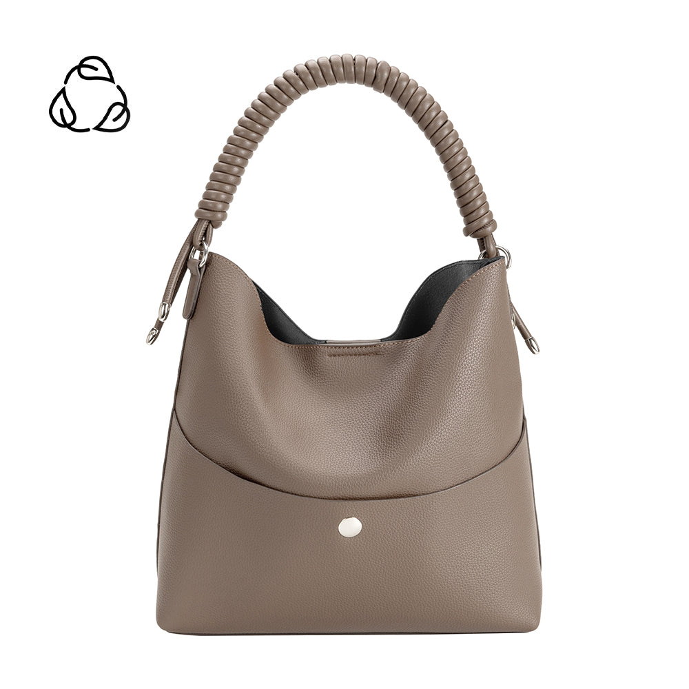 A taupe pebble vegan leather tote bag with a spiral handle. 