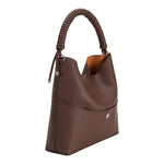 A chocolate pebble vegan leather tote bag with a spiral handle.