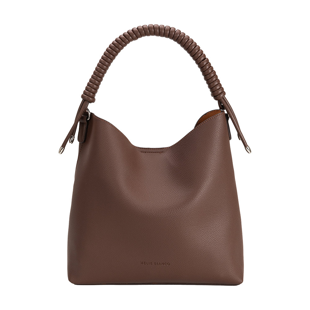 A chocolate pebble vegan leather tote bag with spiral handle. 