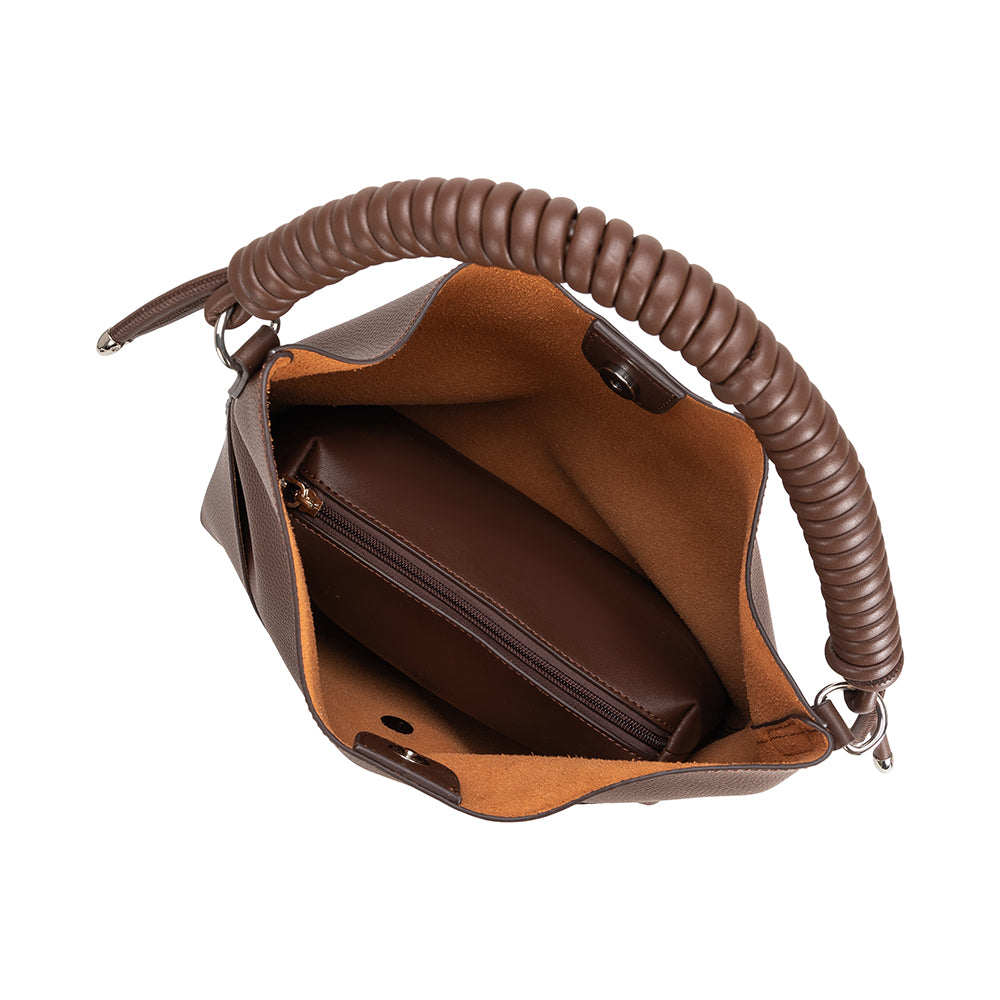 A chocolate pebble vegan leather tote bag with a zip pouch inside. 